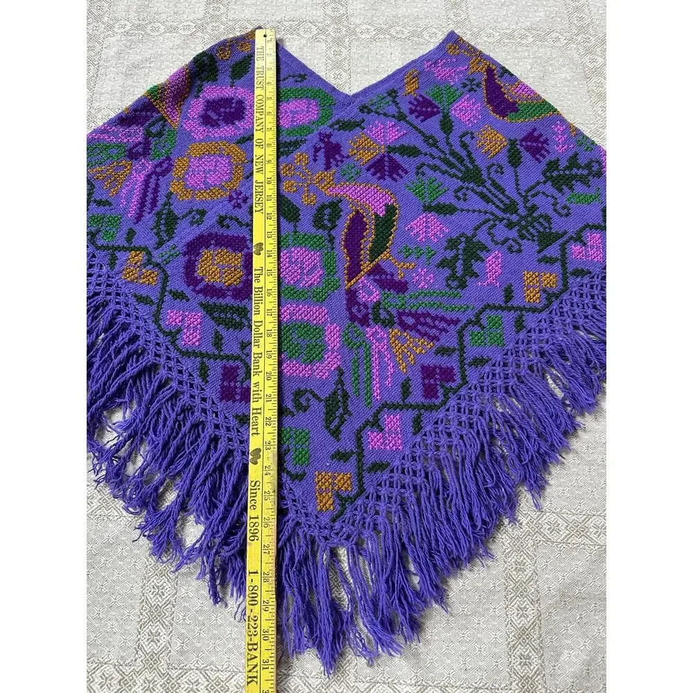 Mexican Mañanita embroidered poncho purple bird floral primitive folk fringed
